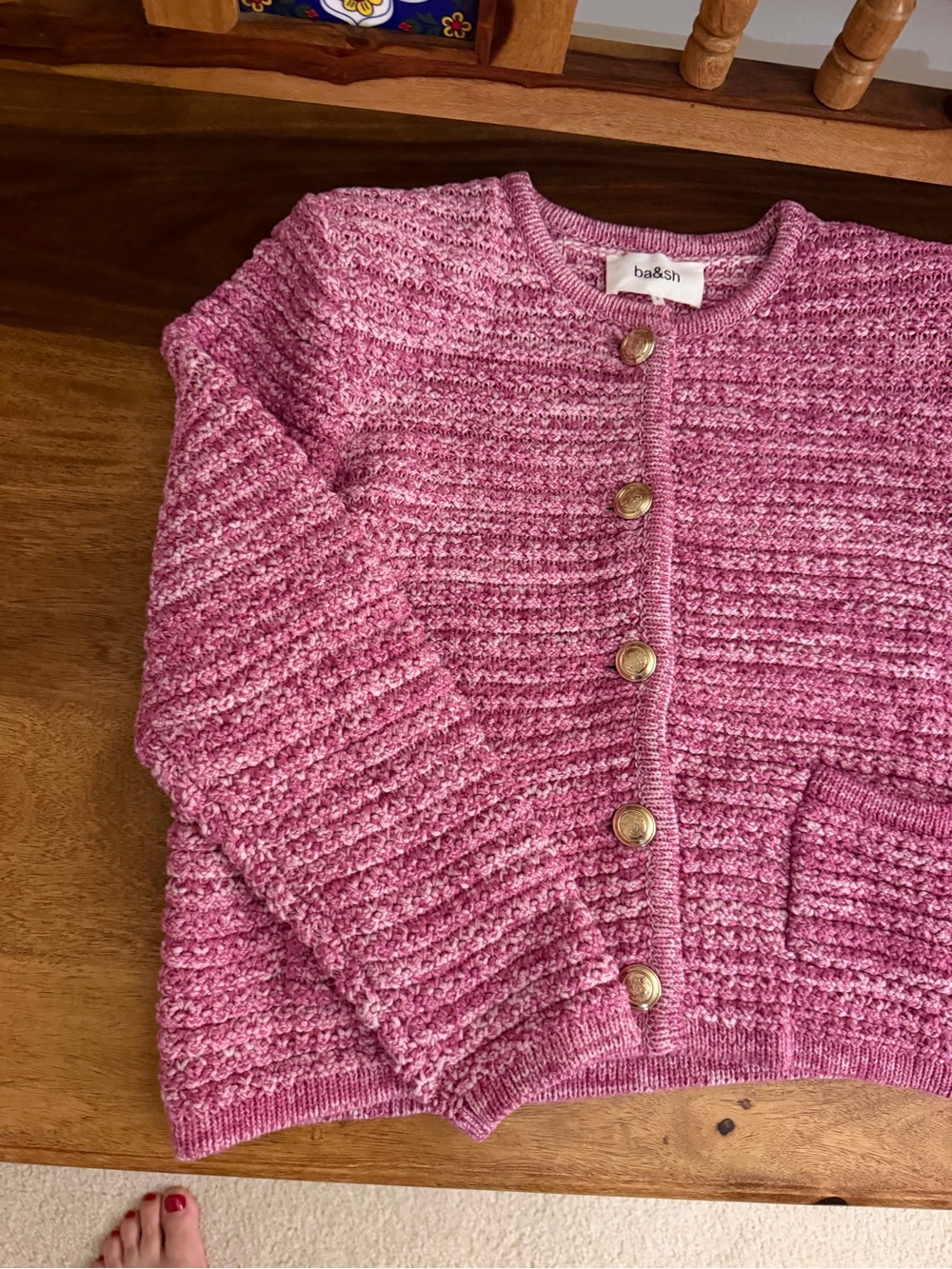 ba&sh Pink Bouclé Button-Front Cardigan Jacket - Picture 3 of 7